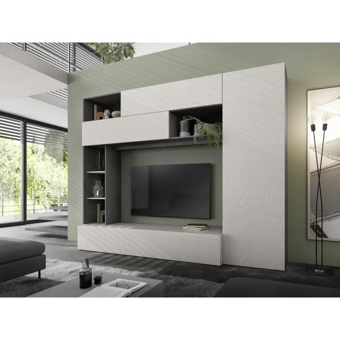 Composition murale TV - PRATO - Gris effet pierre - 277 x 40 x 210 cm