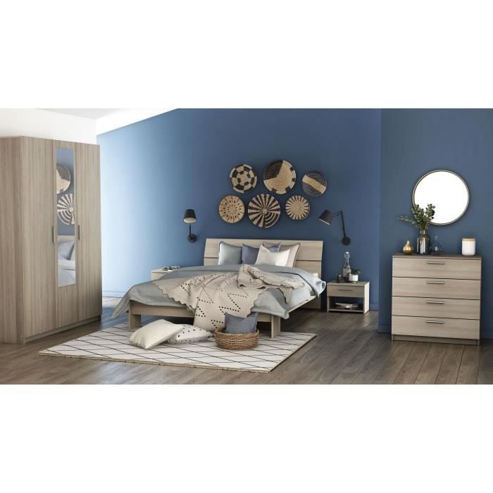 DEMEYERE PRICY Lit 140 x 190/200 cm - Décor Chene shannon - L 145 x P 205 x H 79 cm