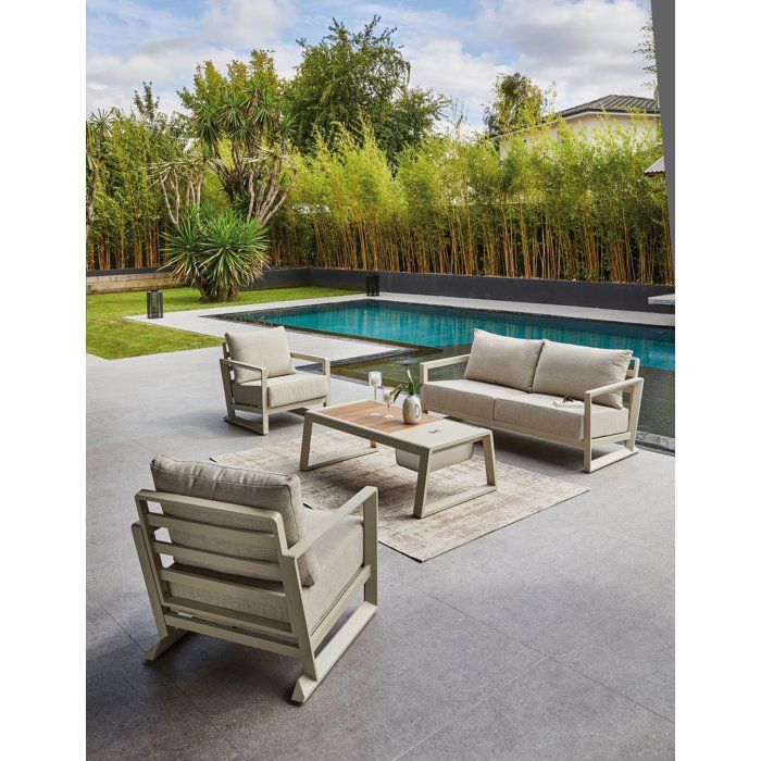 Salon bas de jardin - Proloisirs - Perth - Creme / chene - Set 4 pieces ( Canapé + fauteuils + table) - Aluminium époxy - Coussins