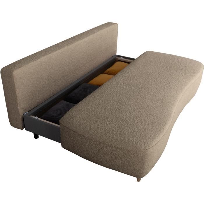 Canapé converible - 3 places - PYLA - Bouclette taupe - Coffre - 203 x 95 x 89 cm
