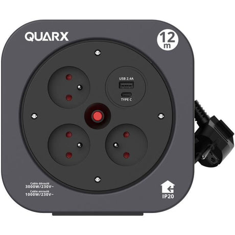 Enrouleur - QUARX - S-Box - 12m, 3 prises 16A, USB Type A et C