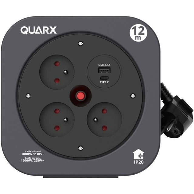Enrouleur - QUARX - S-Box - 12m, 3 prises 16A, USB Type A et C