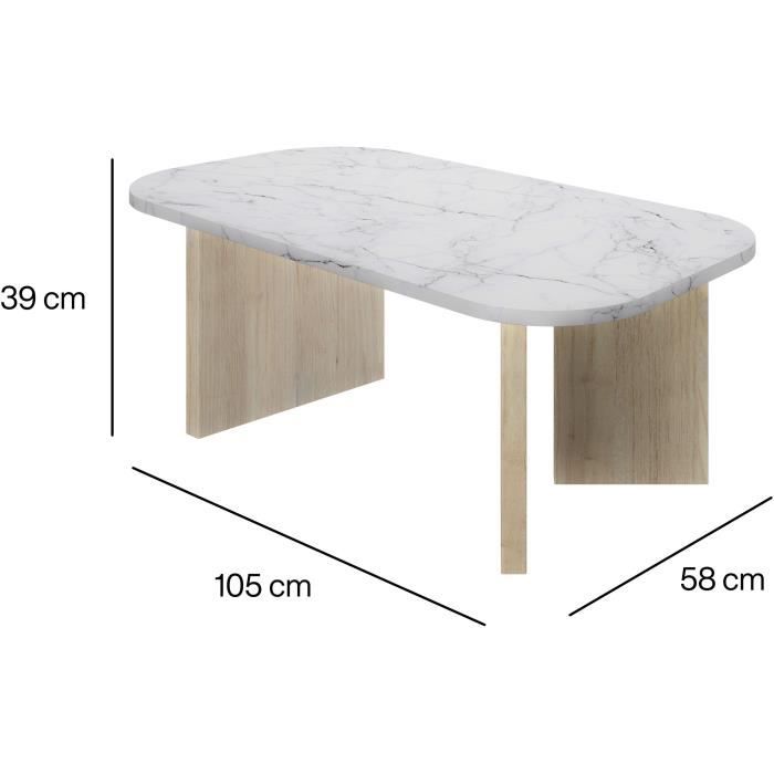 Table basse ovale - QUARTZ - Blanc effet marbre - Pieds épais en chene - 105 x 58 x 39 cm - DIAGONE