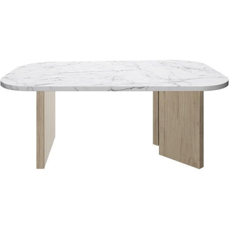 Table basse ovale - QUARTZ - Blanc effet marbre - Pieds épais en chene - 105 x 58 x 39 cm - DIAGONE