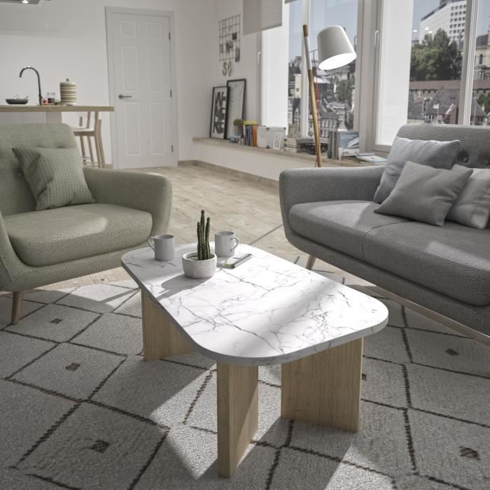 Table basse ovale - QUARTZ - Blanc effet marbre - Pieds épais en chene - 105 x 58 x 39 cm - DIAGONE