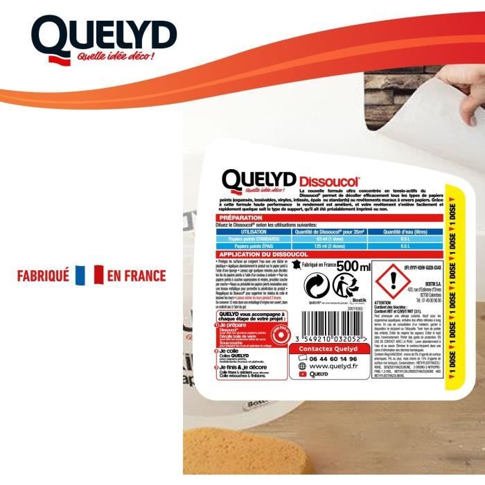 Décolleur papier peint - QUELYD - Dissoucol - Lessive - Supprime les résidus - Flacon 500 ml (280 m˛)