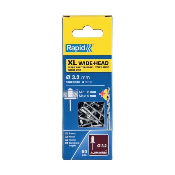 Rivets XL Ø3.2 x 8mm - RAPID - Alu - Boite 50 + foret