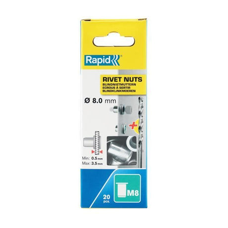 Écrous a sertir - RAPID - M8 - Pour vis Ř8mm - Blister de 20 + 1 Foret Ř11mm - (5001482)