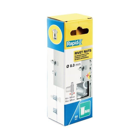 Écrous a sertir - RAPID - M8 - Pour vis Ř8mm - Blister de 20 + 1 Foret Ř11mm - (5001482)