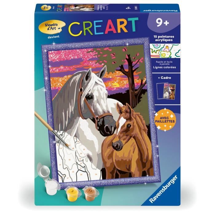 CreArt Kids 18x24cm Chevaux au coucher du soleil, Kit de peinture par numéros Numéro d'Art, Des 9 ans, 25809, Ravensburger