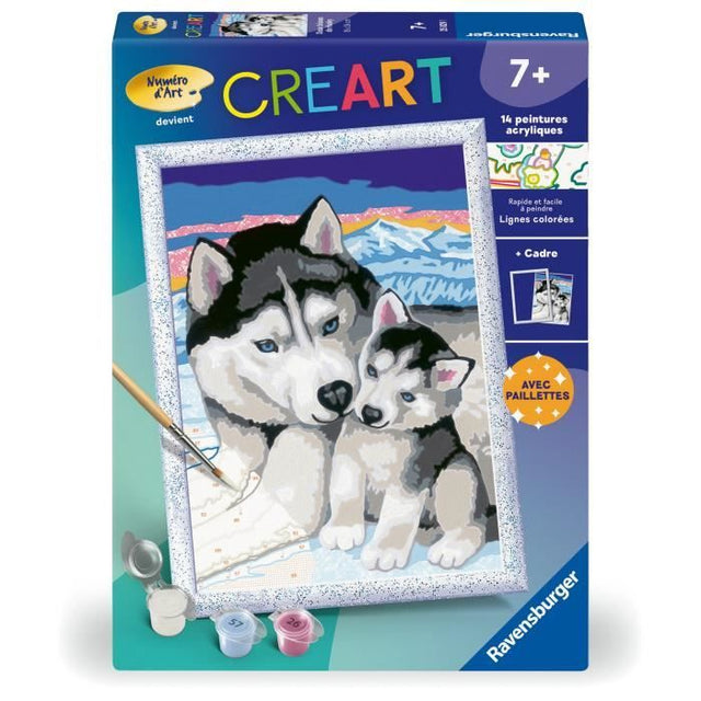 CreArt Kids 18x24cm Doux bisous de Husky, Kit de peinture par numéros Numéro d'Art, Des 7 ans, 25829, Ravensburger