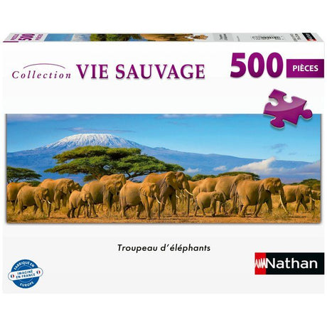 Nathan-Puzzle Adulte 500 pieces-Troupeau d'éléphants (panoramique)-des 12 ans-Pz qualité supérieure-Collection Vie sauvage 12001866