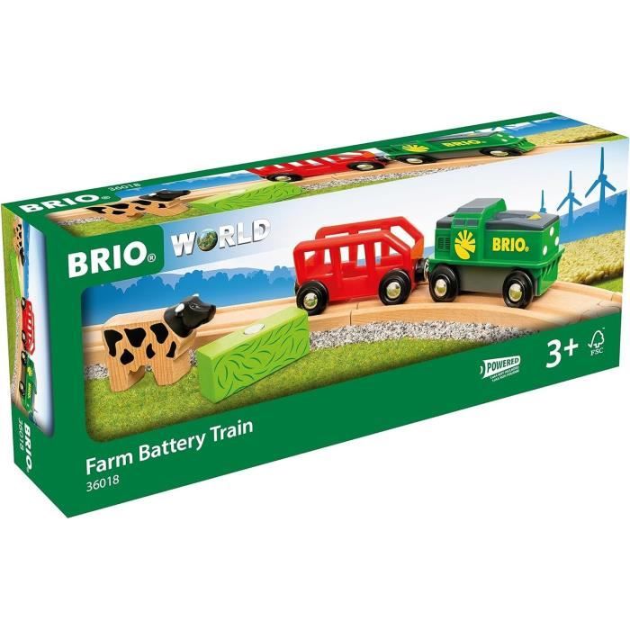 Train de la Ferme a Pile - BRIO - Circuit en bois - Wagon et chargement aimanté inclus