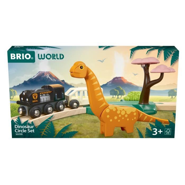 Circuit Dinosaure - Coffret Complet 12 pieces - Action de Jeu sans Pile - Dinosaure Inclus - Circuit de Train en Bois - BRIO World