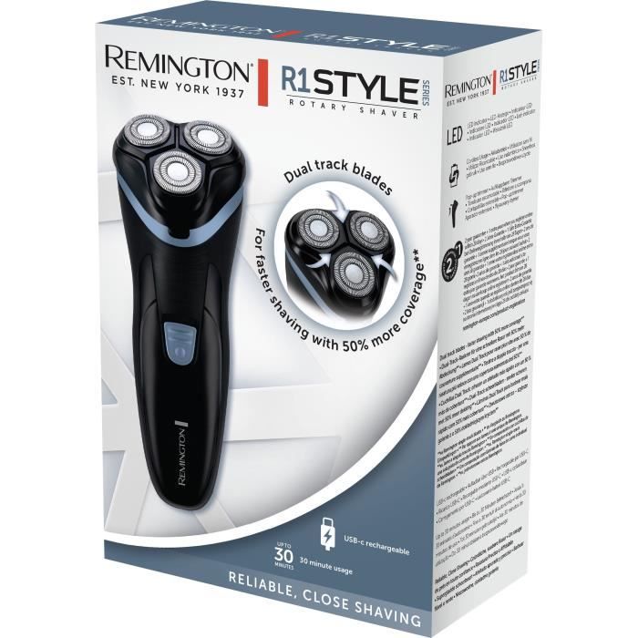 Rasoir rotatif sans fil - REMINGTON - R1000 - 3 lames Dual Track - Tondeuse escamotable - Autonomie 30 min - LED