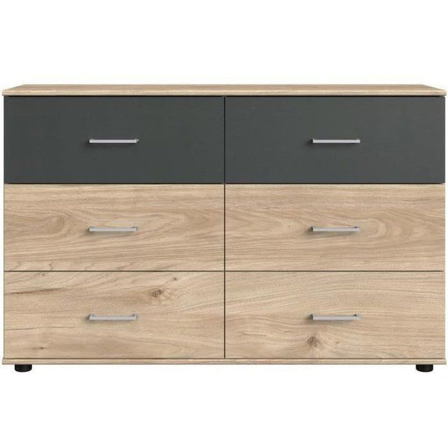 Commode RHODES - 6 tiroirs - Décor Chene et gris - L130 x P41 x H83 cm