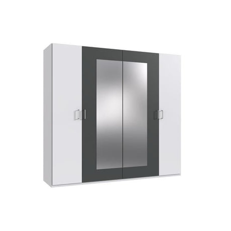 Armoire RHODES - 4 portes + miroirs - Décor Blanc et gris - L225 x P58 x H208 cm