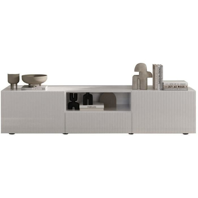 Meuble TV - RICCIONE - Blanc laqué brillant - 2 portes - 1 tiroir - 184 x 42 x 42,5 cm