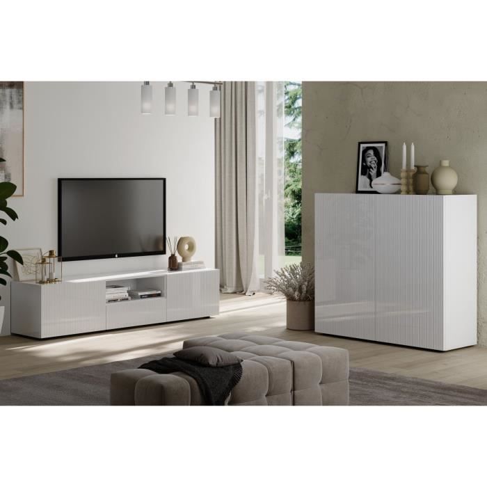 Meuble TV - RICCIONE - Blanc laqué brillant - 2 portes - 1 tiroir - 184 x 42 x 42,5 cm