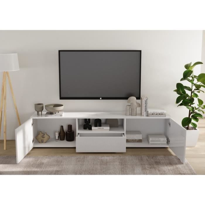 Meuble TV - RICCIONE - Blanc laqué brillant - 2 portes - 1 tiroir - 184 x 42 x 42,5 cm