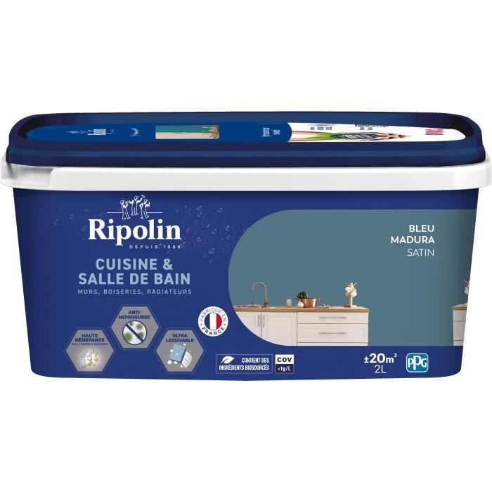 Peinture murs, boiseries, plafonds, radiateurs - RIPOLIN - Cuisine et bain - 2 L - Bleu Madura