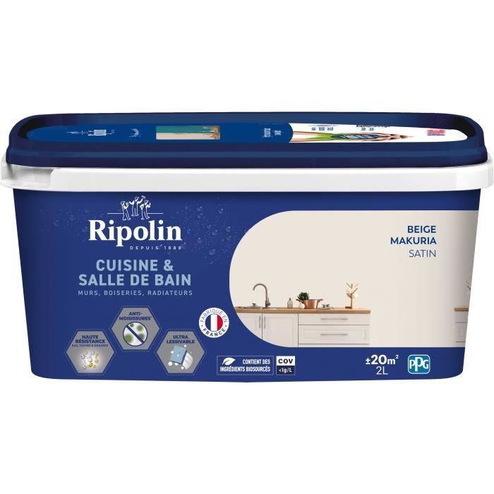 Peinture murs, boiseries, plafonds, radiateurs - RIPOLIN - Cuisine et bain - 2 L - Beige Makuria