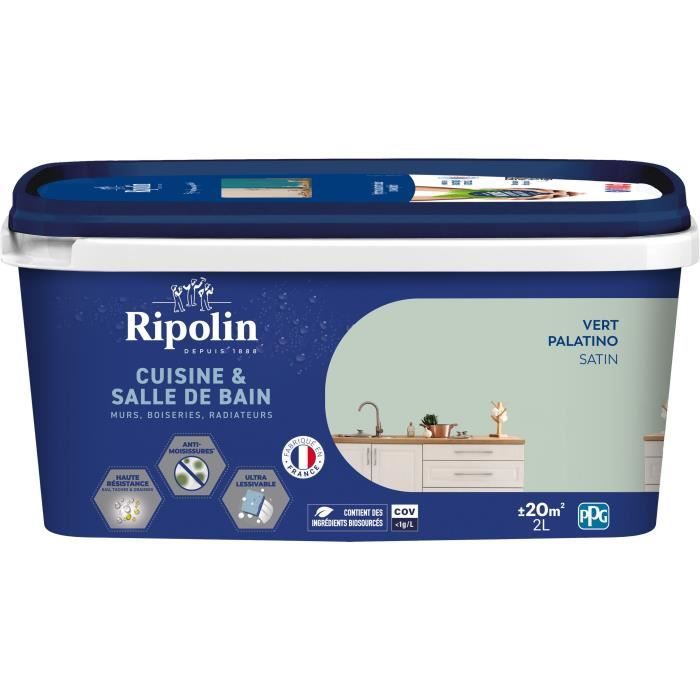 Peinture murs, boiseries, plafonds, radiateurs - RIPOLIN - Cuisine et bain - 2 L - Vert Palatino