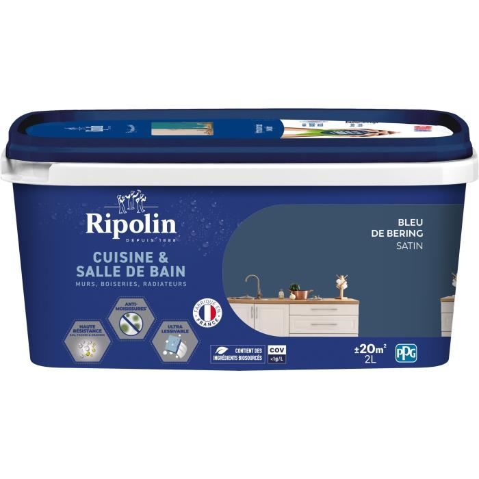 Peinture murs, boiseries, plafonds, radiateurs - RIPOLIN - Cuisine et bain - 2 L - Bleu de Bering