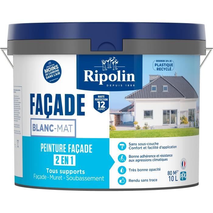 Peinture façade classic 2 en 1 - RIPOLIN - 474646 - Blanc - Mat - 10 L