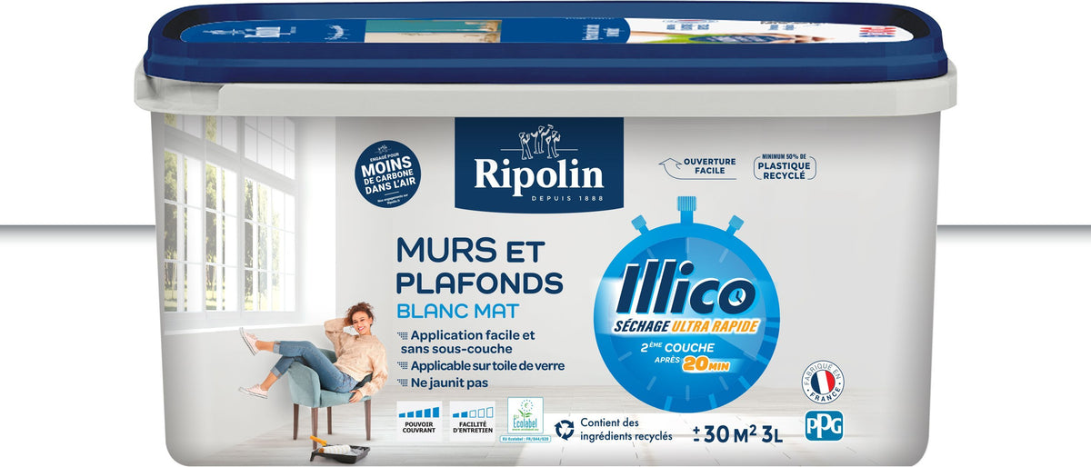 Peinture murs et plafonds - Blanc - Mat - RIPOLIN - Illico - 3 L