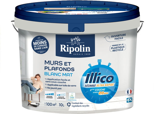Peinture murs et plafonds - Blanc - Mat - RIPOLIN - Illico - 10 L