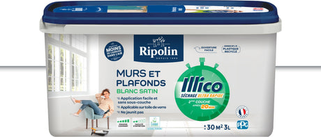 Peinture murs et plafonds - Blanc - Satin - RIPOLIN - Illico - 3 L