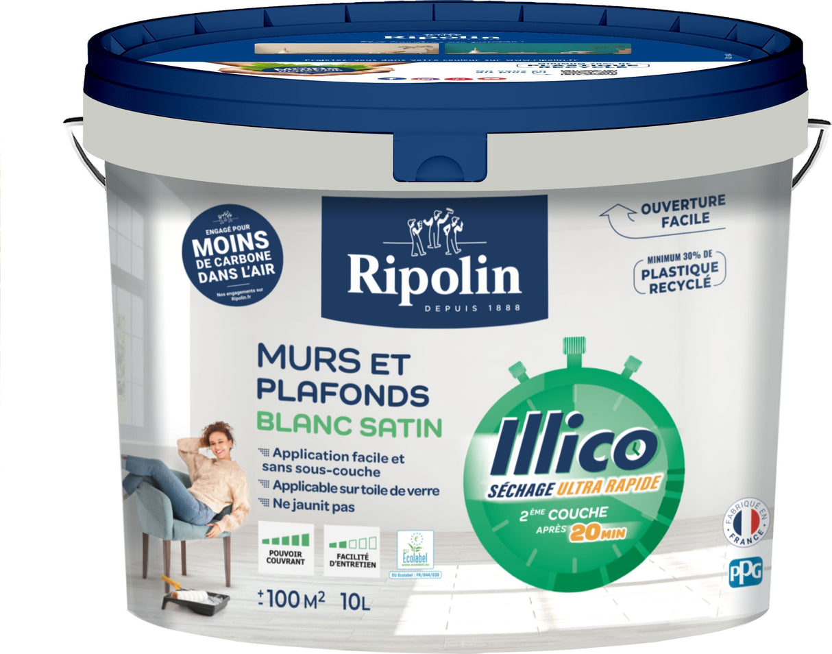 Peinture murs et plafonds - Blanc - Satin - RIPOLIN - Illico - 10 L