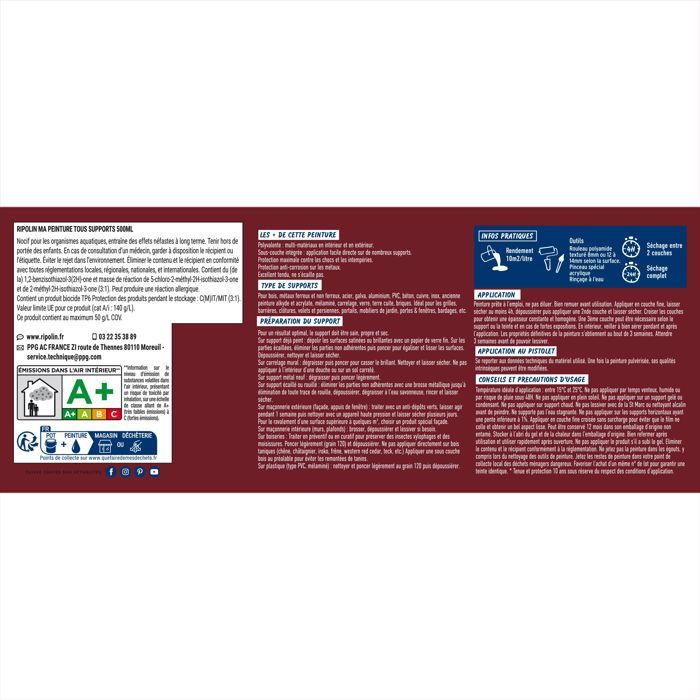 Peinture multi-supports - Rouge basque - RAL 3004 - Mat - Ripolin - 2L