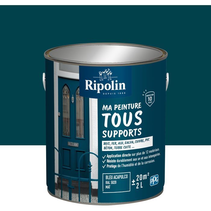 Peinture multi-supports - Bleu acapulco - RAL 5020 - Mat - Ripolin - 2L