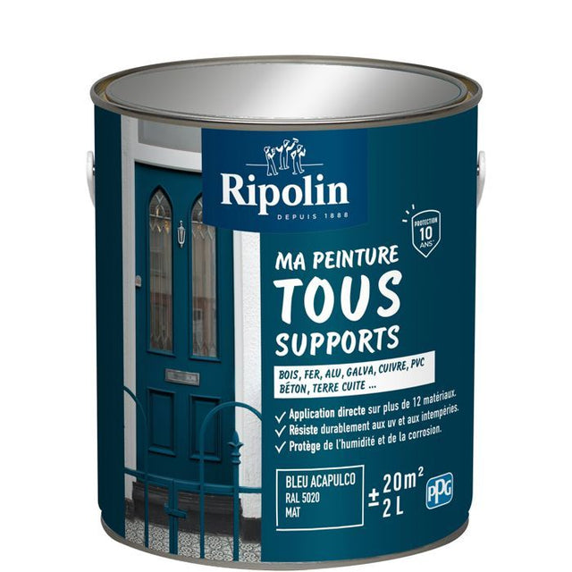 Peinture multi-supports - Bleu acapulco - RAL 5020 - Mat - Ripolin - 2L