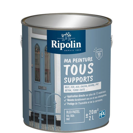 Peinture multi-supports - Bleu pastel - RAL 5024 - Mat - Ripolin - 2L