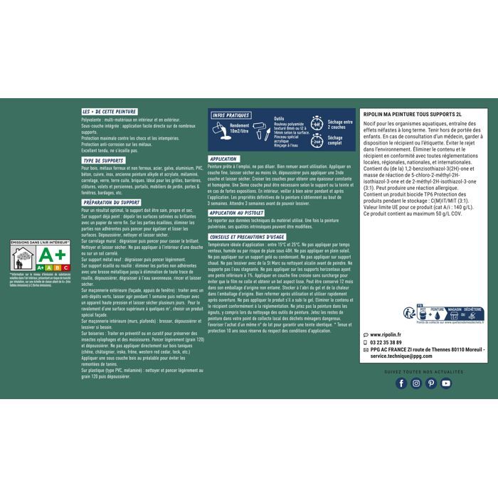 Peinture multi-supports - Vert cedre - RAL 6000 - Mat - Ripolin - 2L