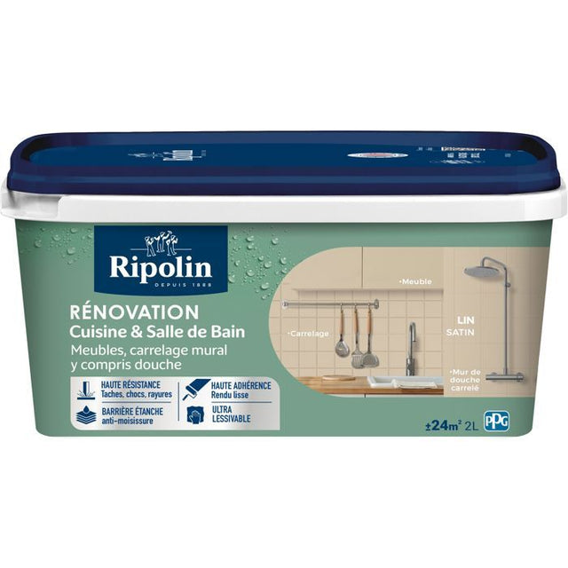 Peinture rénovation cuisine et salle de bain - Lin - Satiné - Ripolin - 2L