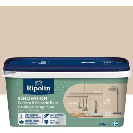 Peinture rénovation cuisine et salle de bain - Lin - Satiné - Ripolin - 2L