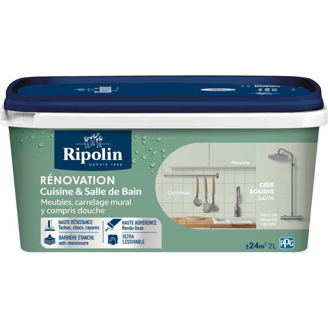 Peinture rénovation cuisine et salle de bain - Gris souris - Satiné - Ripolin - 2L