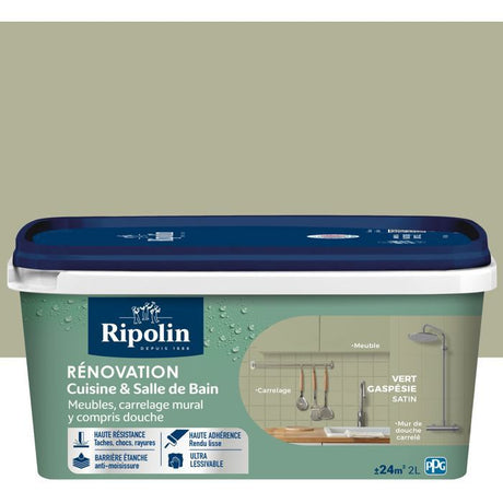 Peinture rénovation cuisine et salle de bain - Vert gaspesie - Satiné - Ripolin - 2L