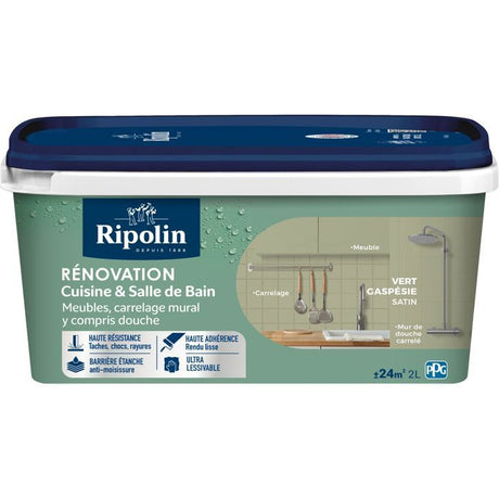 Peinture rénovation cuisine et salle de bain - Vert gaspesie - Satiné - Ripolin - 2L