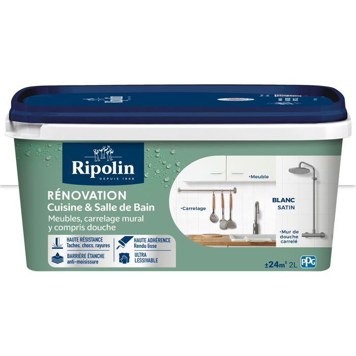 Peinture rénovation cuisine et salle de bain - Blanc - Satiné - Ripolin - 2L
