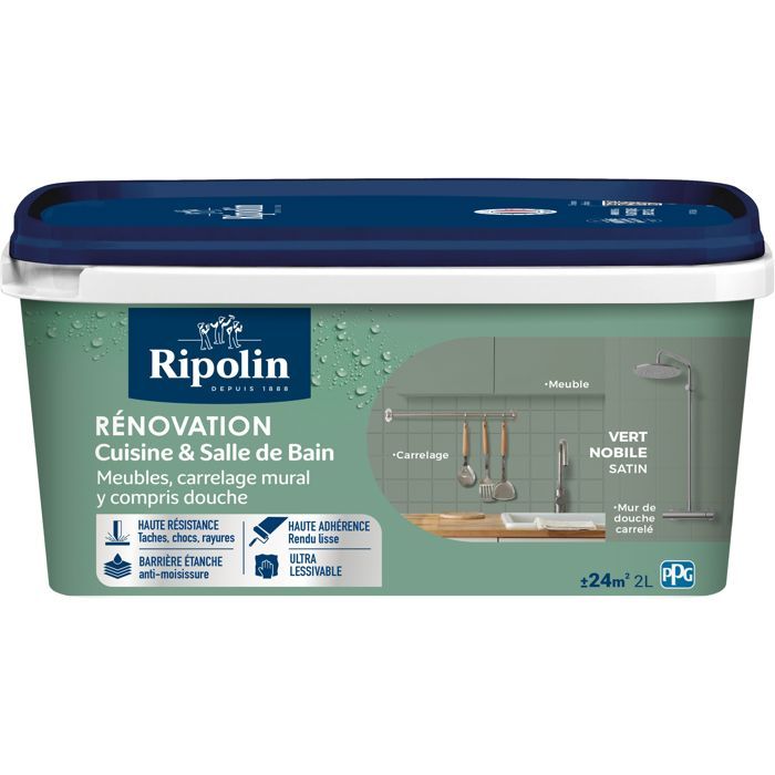 Peinture rénovation cuisine et salle de bain - Vert nobile - Satiné - Ripolin - 2L