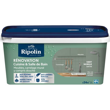 Peinture rénovation cuisine et salle de bain - Vert nobile - Satiné - Ripolin - 2L