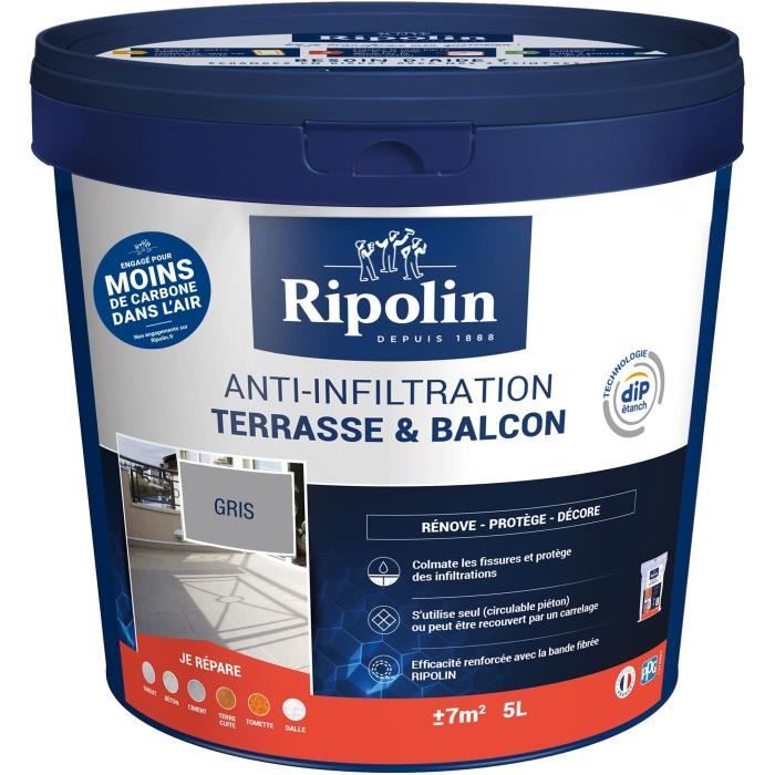 Revetement - RIPOLIN - 3 en 1 Terrasse et Balcon - Gris - 5L - Extérieur