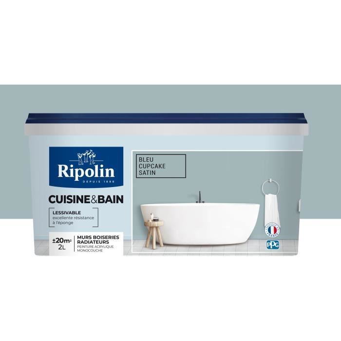 RIPOLIN Peinture murale spéciale pieces humides cuisine et bain - 2 L - Bleu cupcake