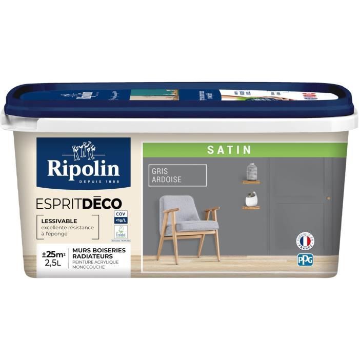 RIPOLIN Peinture Couleur Satin Ultra Couvrante pour Cuisine, Chambre, Salon, Salle, Entrée, Couloir - Gris ardoise