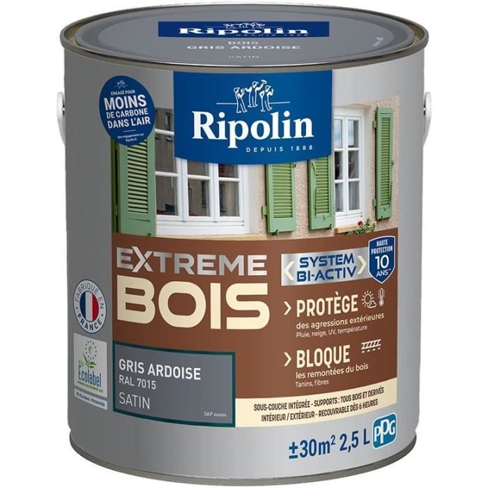 Peinture pour Bois -Intérieur/Extérieur - RIPOLIN - Ultra-couvrante - Résiste aux Intempéries, UV,Chocs -Satin - Gris Ardoise -